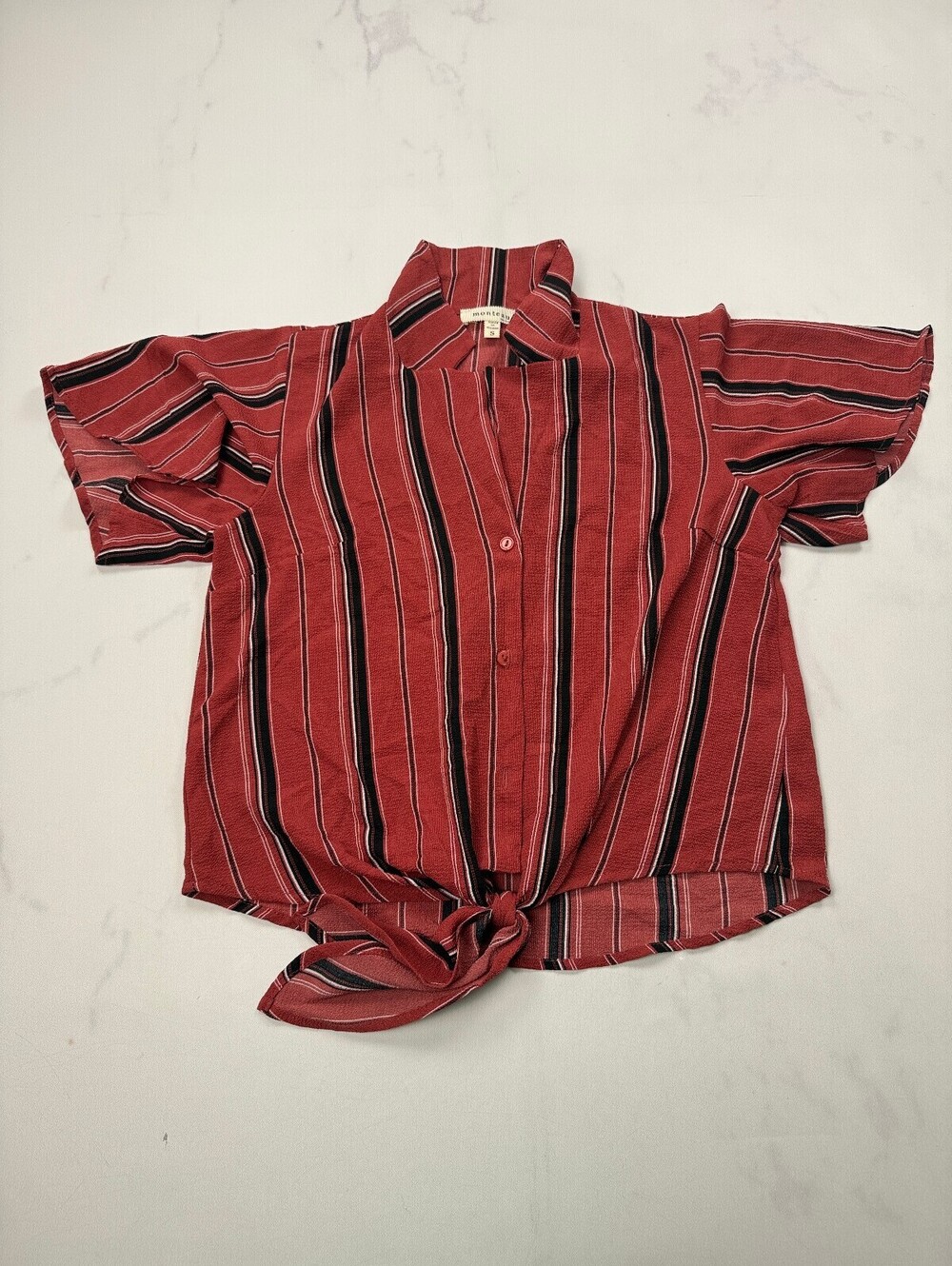 Monteau Striped Blouse Button-Up Shirt Burgundy Modern Indie Boxy Fit - Womens S